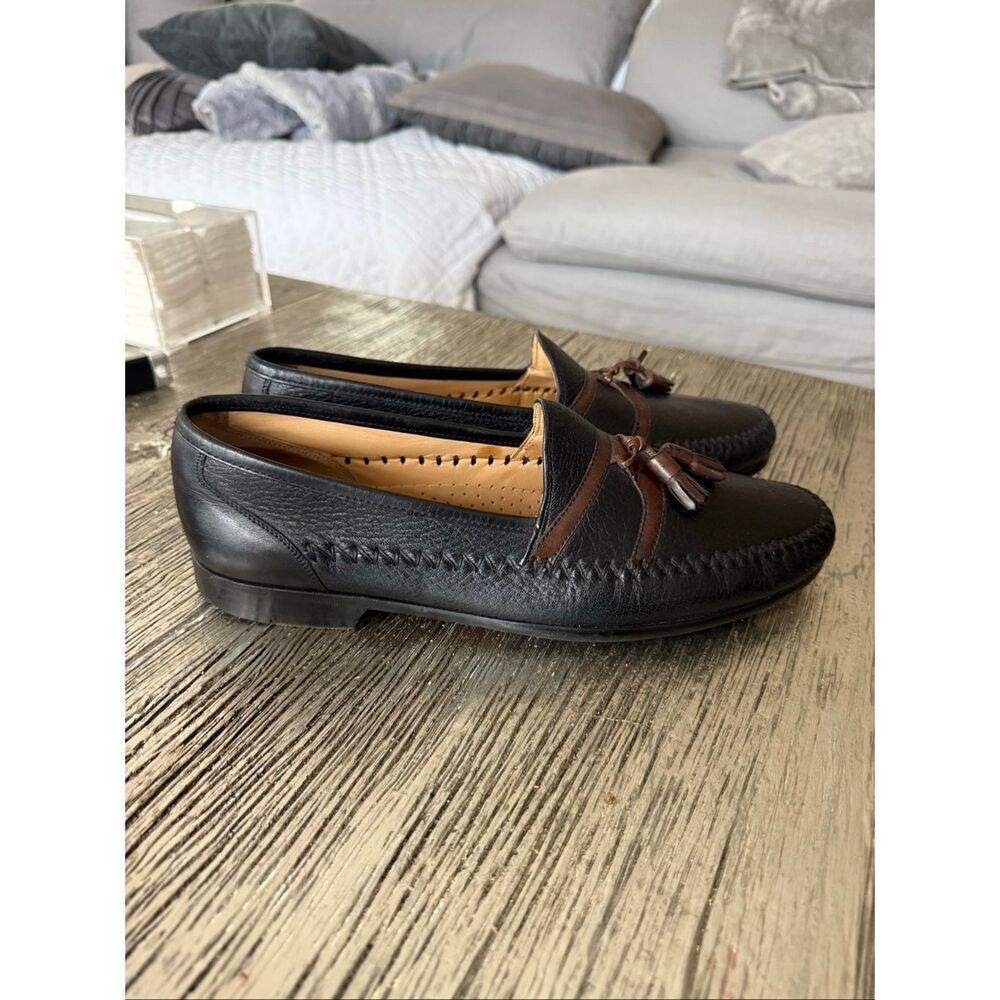 Mezlan Mauri Black & Brown Pebble Leather Tassel Loafers sz  10N EUC